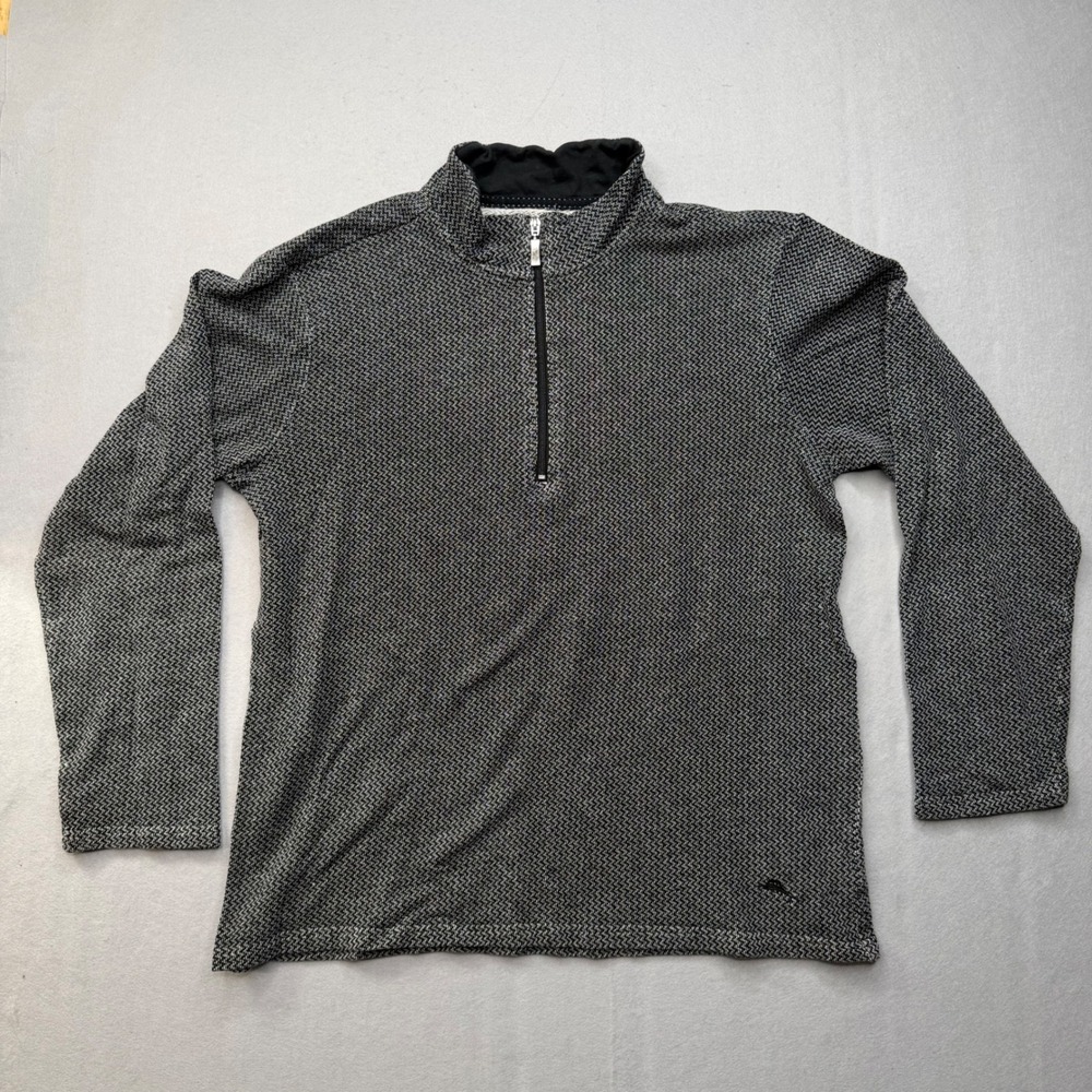 Tommy Bahama Men XL Pullover Quarter Zip Sweater Black White Chevron Knit 195945